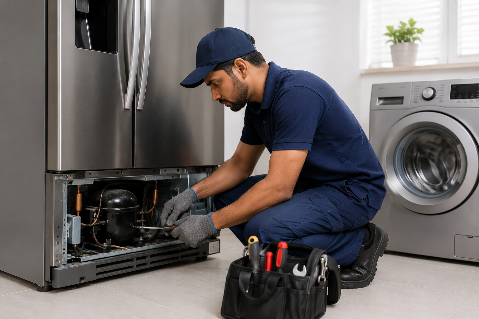 Professional technician repairing Samsung refrigerator